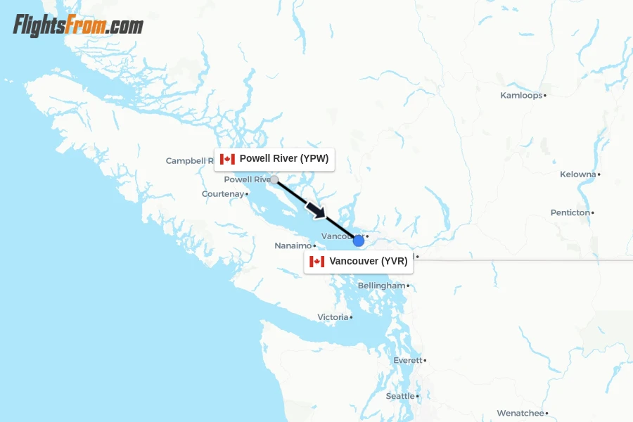 Flights from Powell River to Vancouver route map