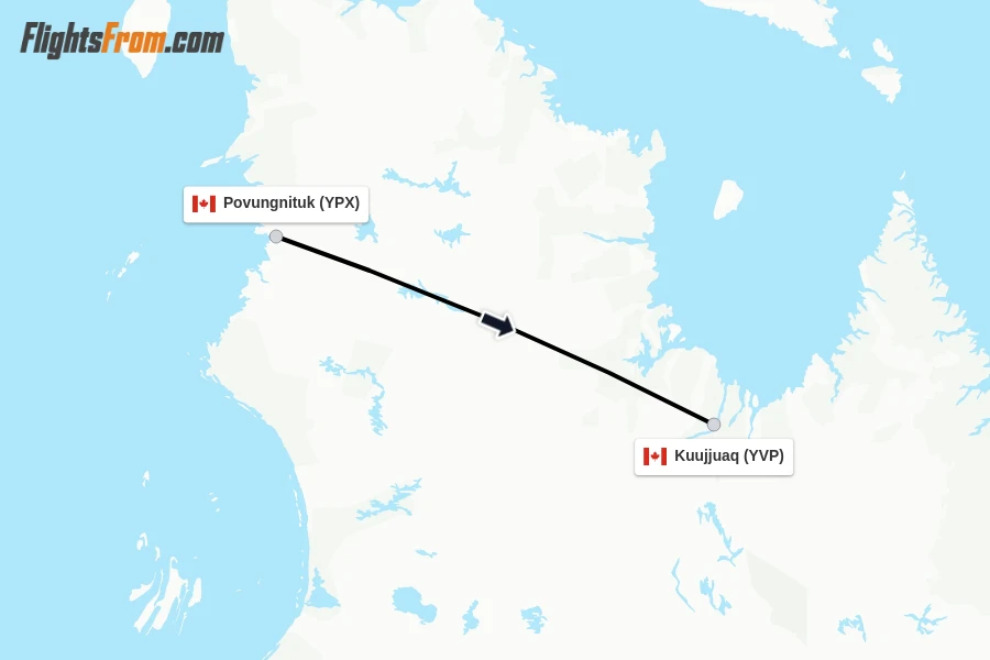 Flights from Povungnituk to Kuujjuaq route map