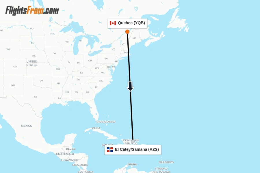 Flights from Quebec to El Catey/Samana route map