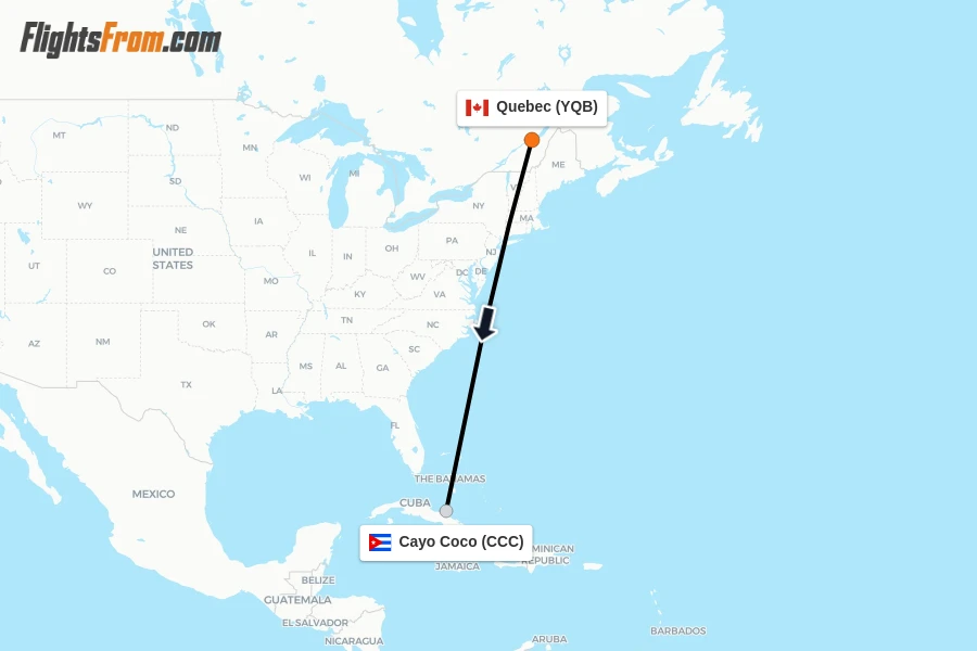 Flights from Quebec to Cayo Coco route map