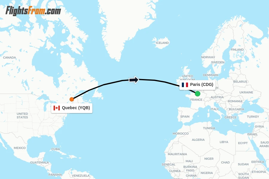 Flights from Quebec to Paris route map