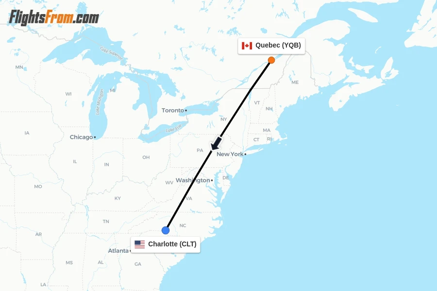 Flights from Quebec to Charlotte route map