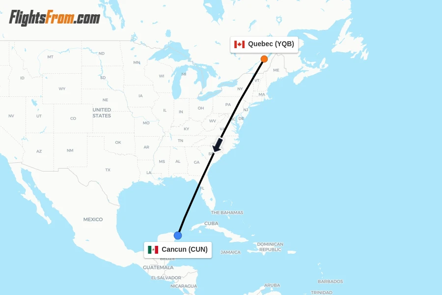 Flights from Quebec to Cancun route map