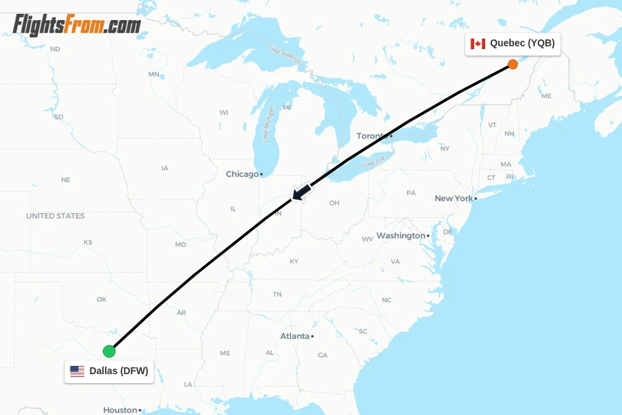 Flights from Quebec to Dallas route map