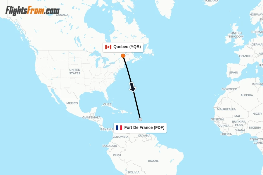 Flights from Quebec to Fort De France route map