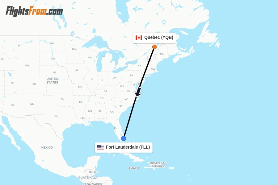 Flights from Quebec to Fort Lauderdale route map