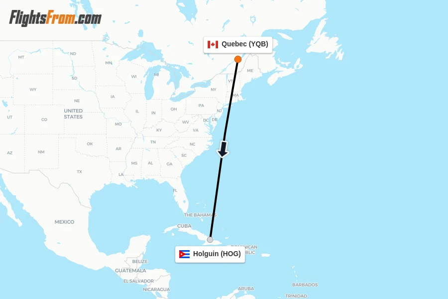 Flights from Quebec to Holguin route map