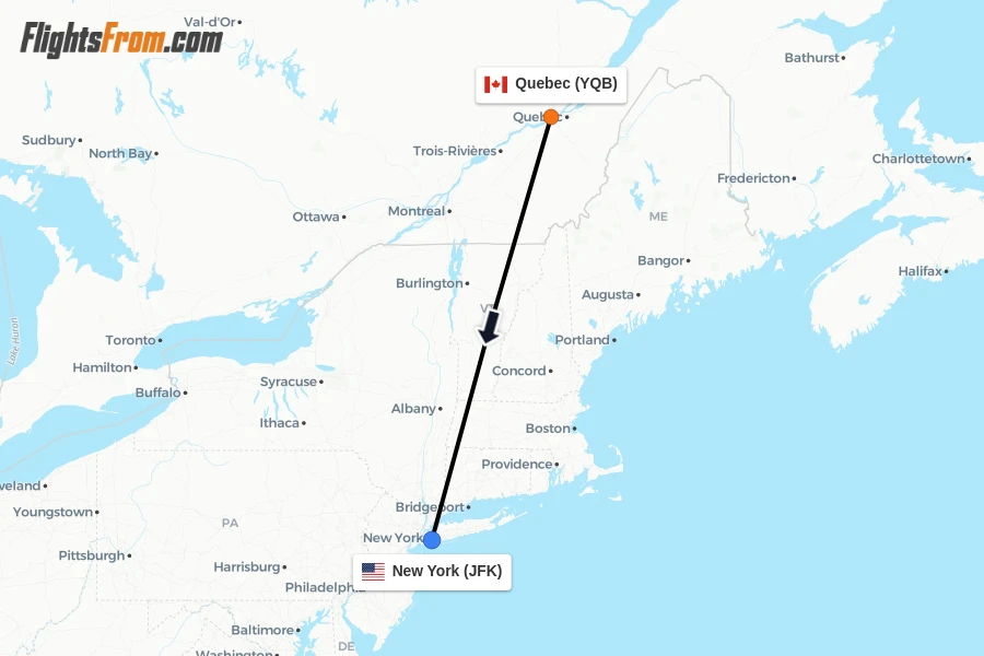 Flights from Quebec to New York route map