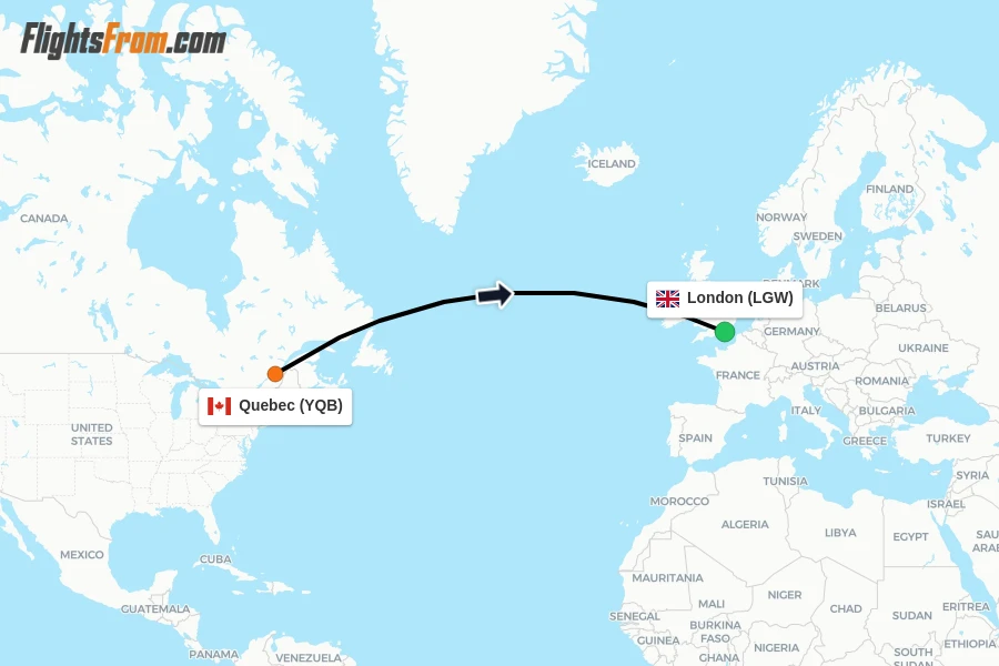 Flights from Quebec to London route map