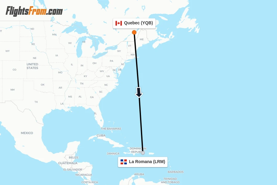 Flights from Quebec to La Romana route map