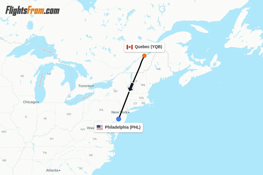 Flights from Quebec to Philadelphia route map
