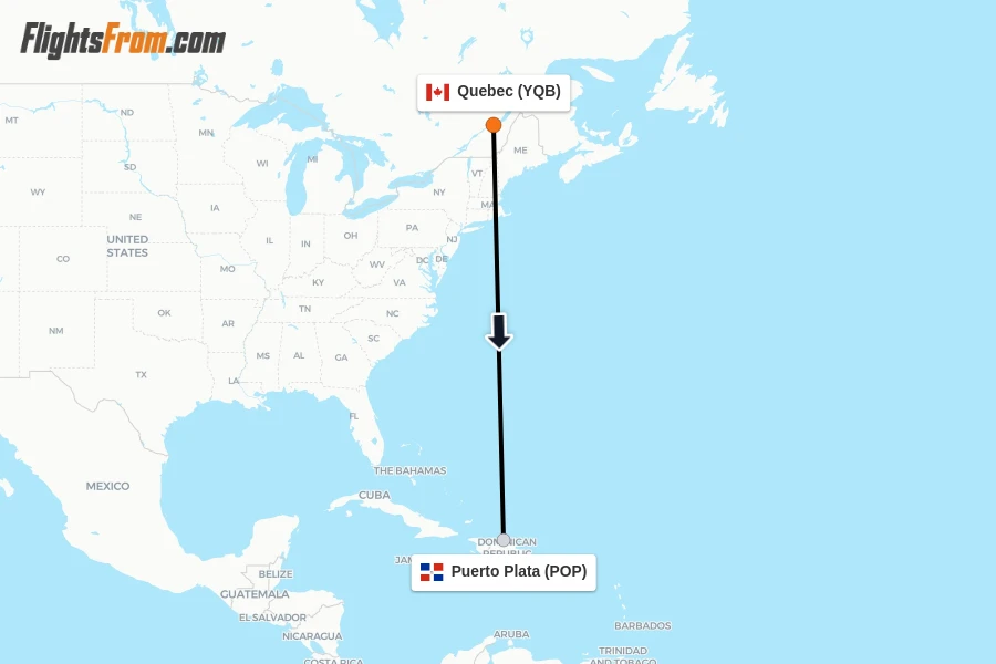 Flights from Quebec to Puerto Plata route map