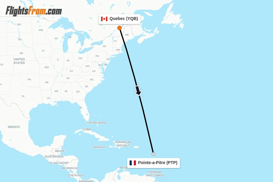 Flights from Quebec to Pointe-a-Pitre route map