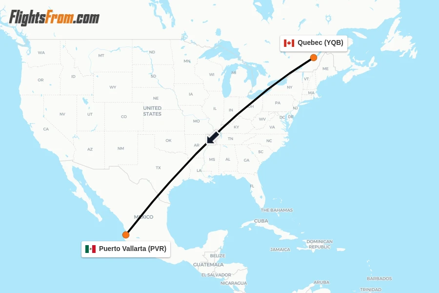 Flights from Quebec to Puerto Vallarta route map