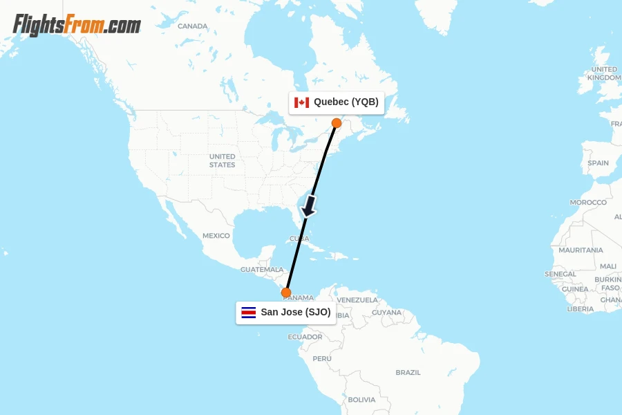 Flights from Quebec to San Jose route map