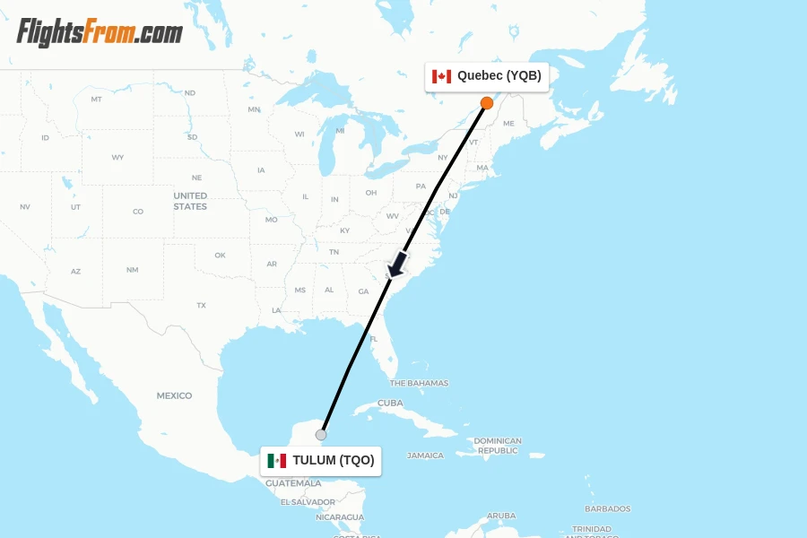 Flights from Quebec to TULUM route map