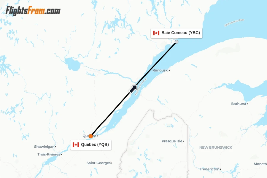 Flights from Quebec to Baie Comeau route map
