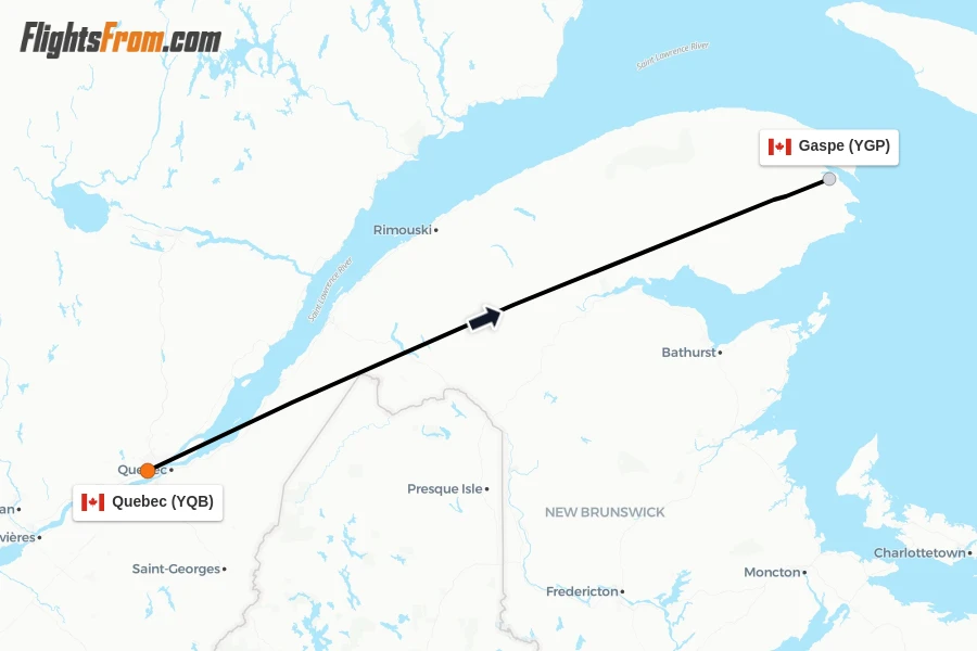 Flights from Quebec to Gaspe route map