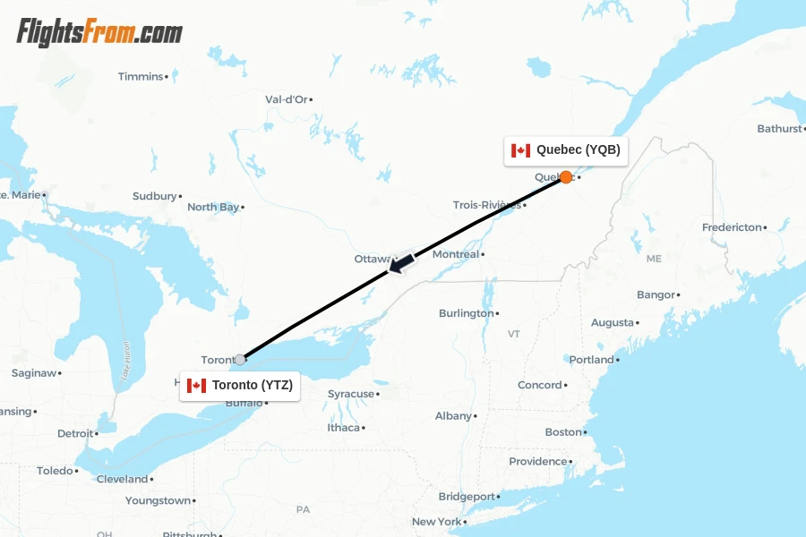 Flights from Quebec to Toronto route map