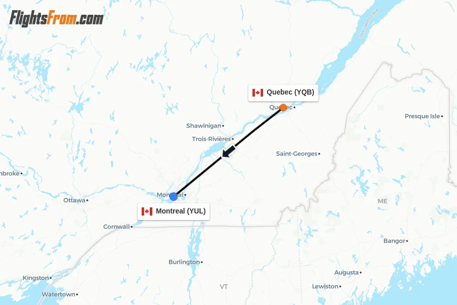 Flights from Quebec to Montreal route map