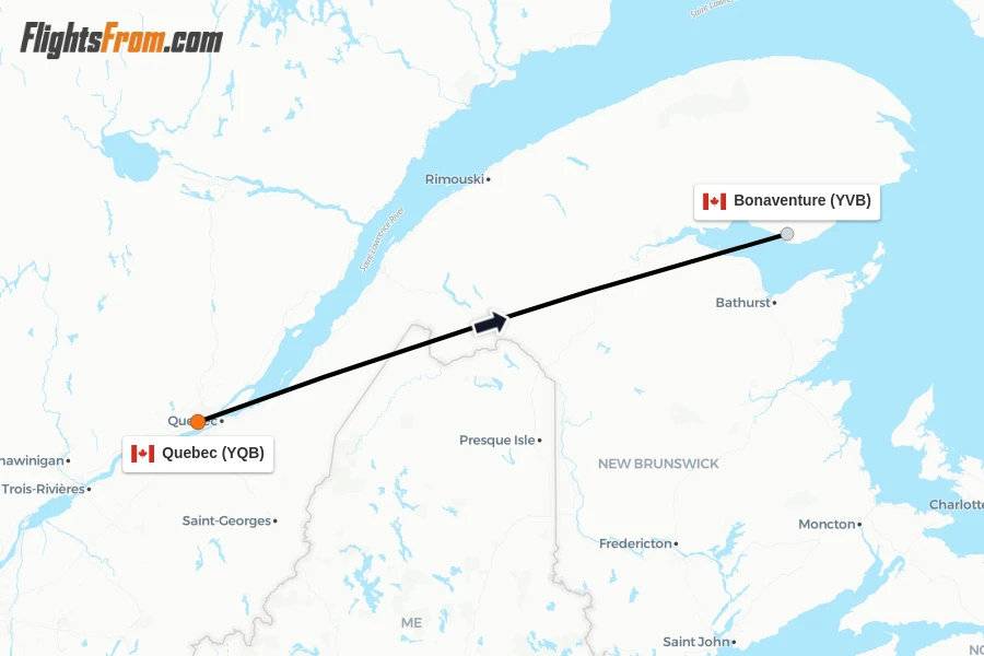 Flights from Quebec to Bonaventure route map