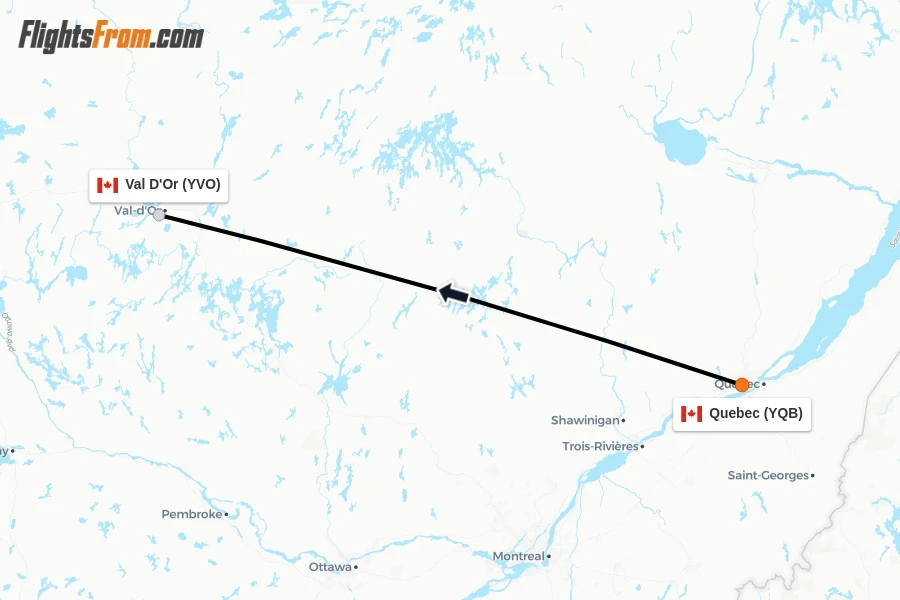 Flights from Quebec to Val D'Or route map