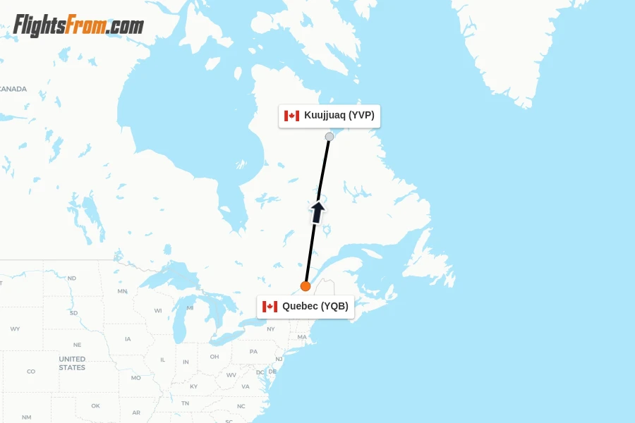 Flights from Quebec to Kuujjuaq route map