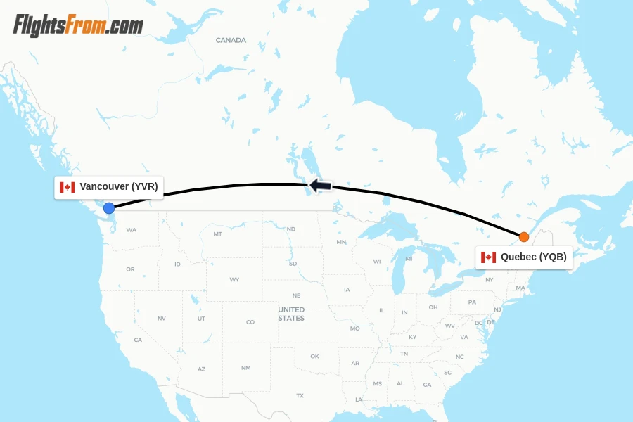 Flights from Quebec to Vancouver route map