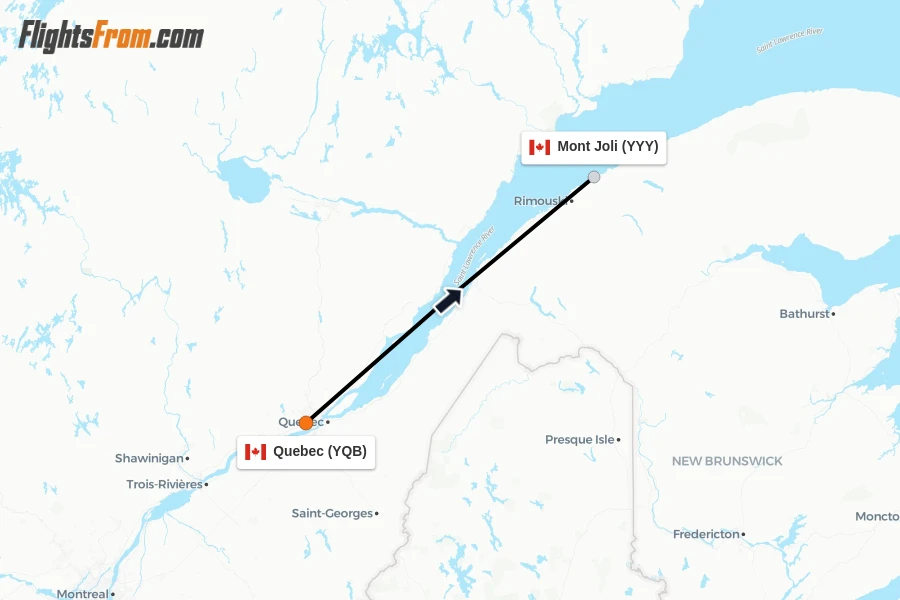 Flights from Quebec to Mont Joli route map