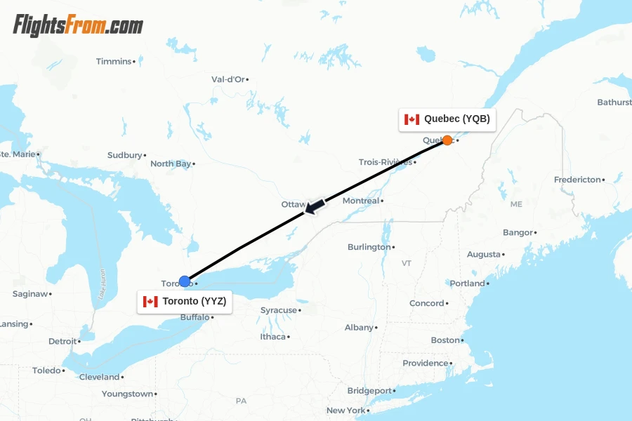Flights from Quebec to Toronto route map