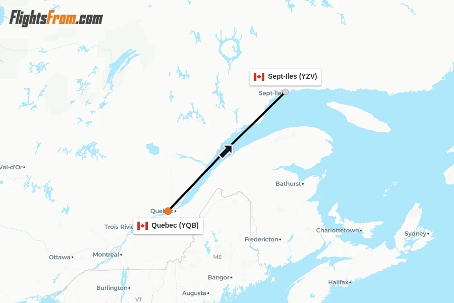 Flights from Quebec to Sept-Iles route map