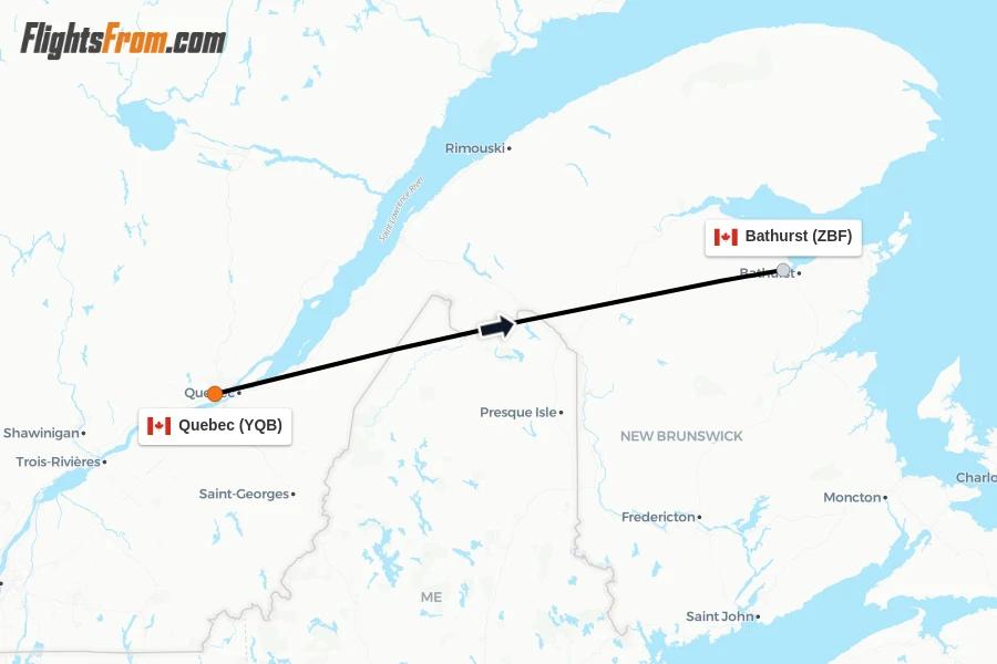 Flights from Quebec to Bathurst route map