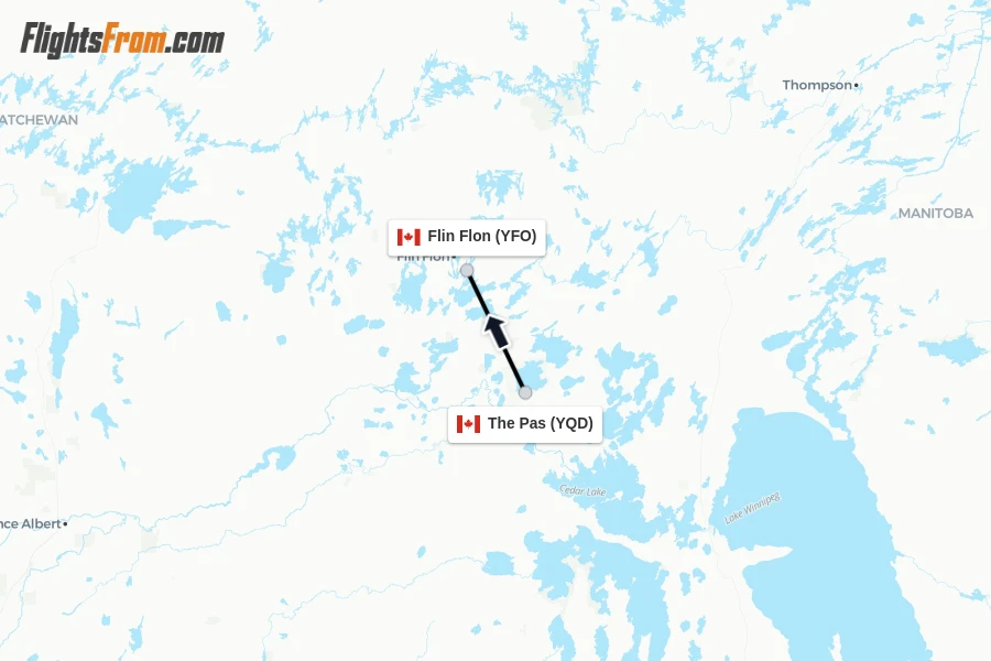 Flights from The Pas to Flin Flon route map