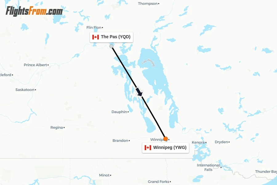 Flights from The Pas to Winnipeg route map
