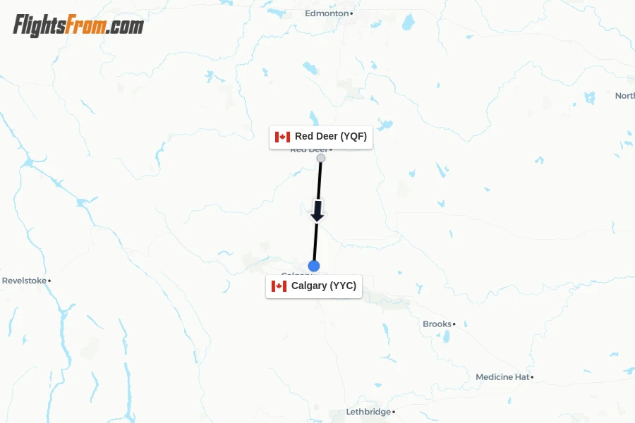 Flights from Red Deer to Calgary route map