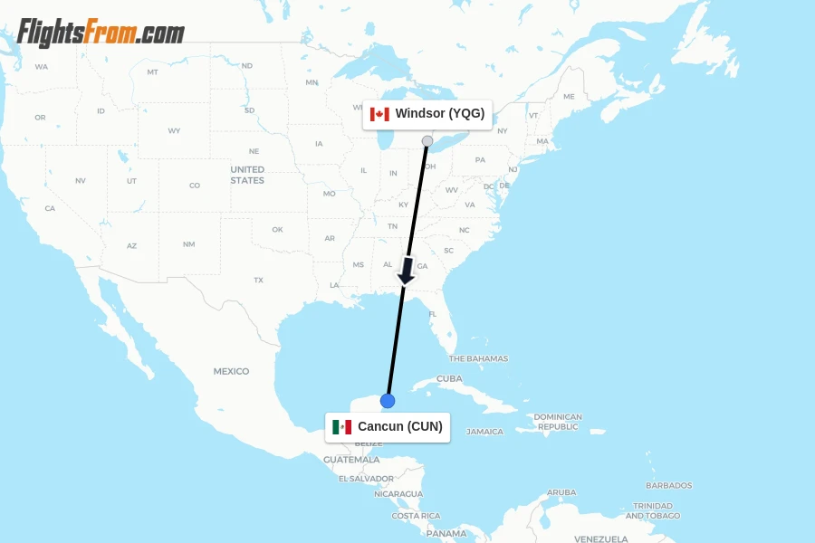 Flights from Windsor to Cancun route map