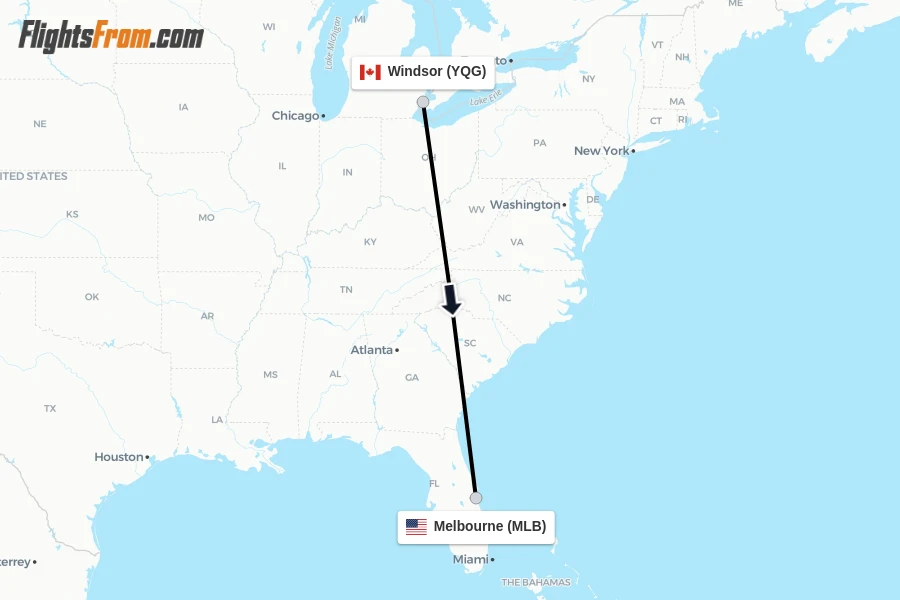 Flights from Windsor to Melbourne route map