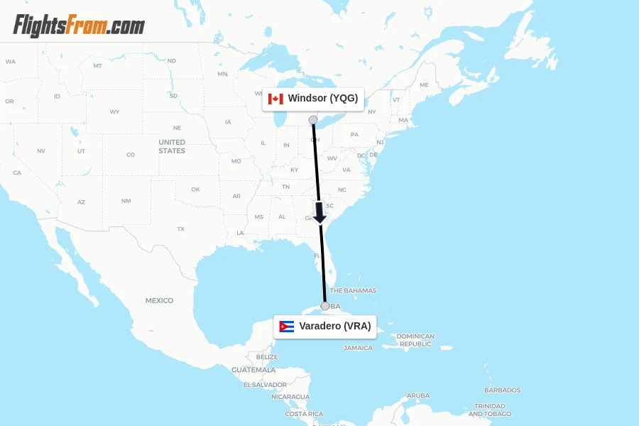 Flights from Windsor to Varadero route map
