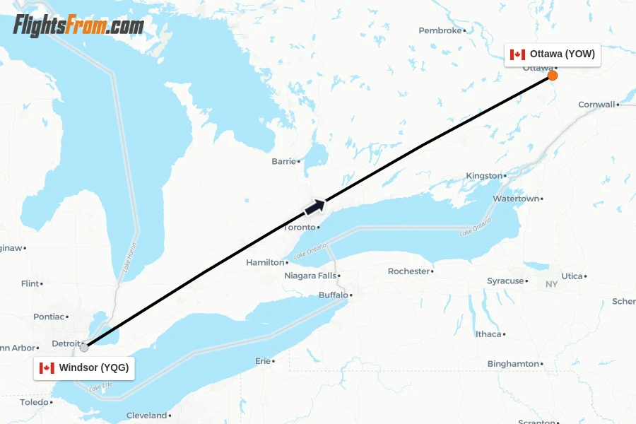 Flights from Windsor to Ottawa route map