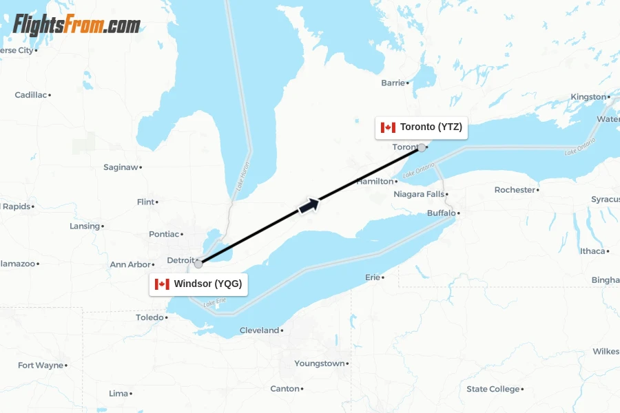 Flights from Windsor to Toronto route map