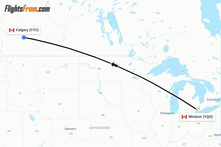 Flights from Windsor to Calgary route map