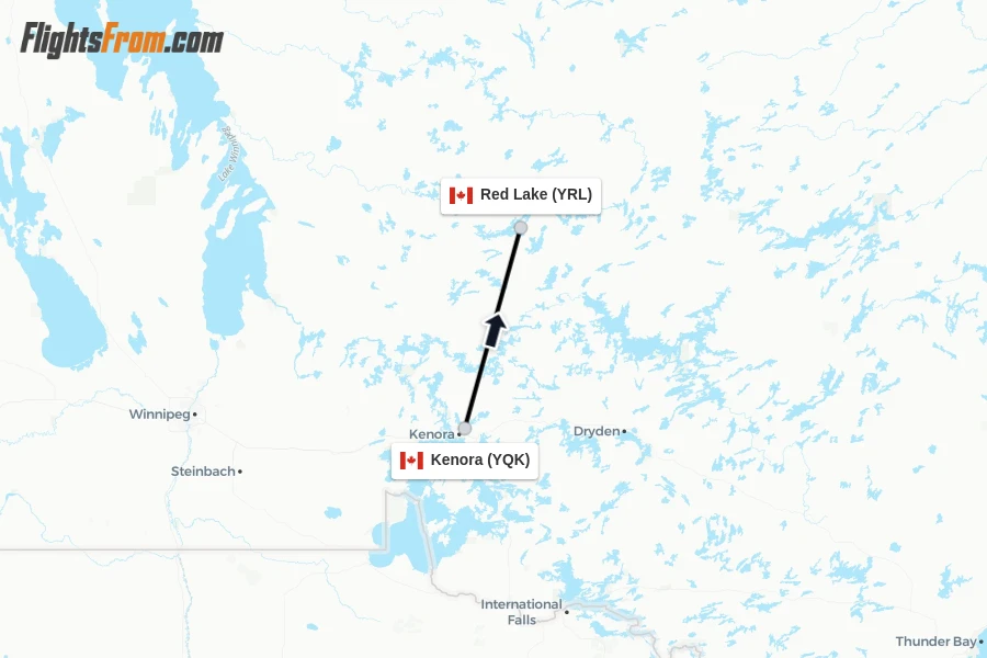 Flights from Kenora to Red Lake route map