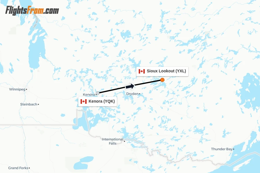 Flights from Kenora to Sioux Lookout route map