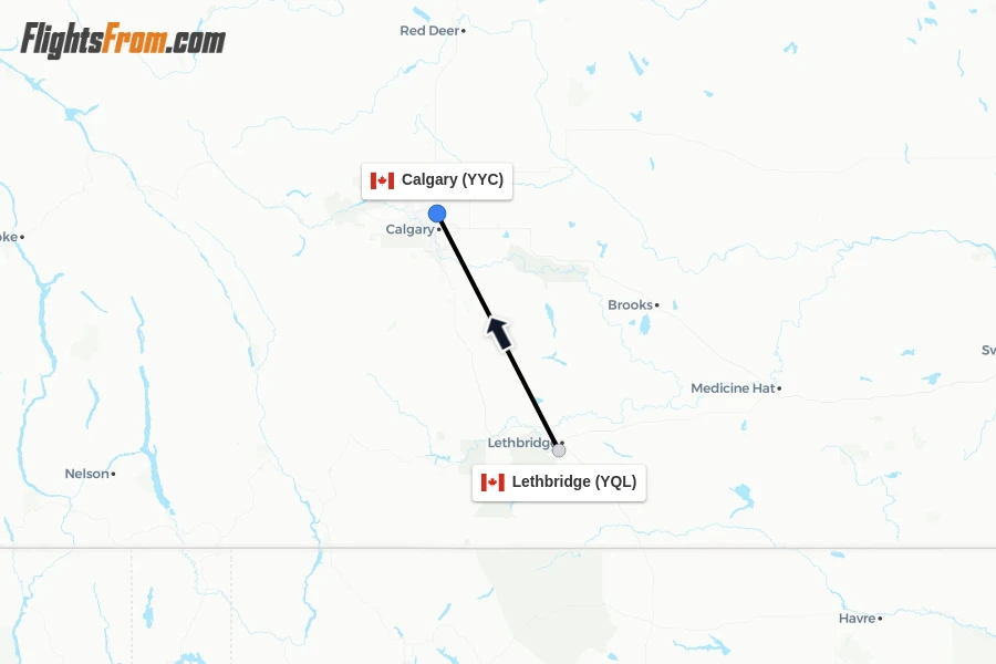 Flights from Lethbridge to Calgary route map