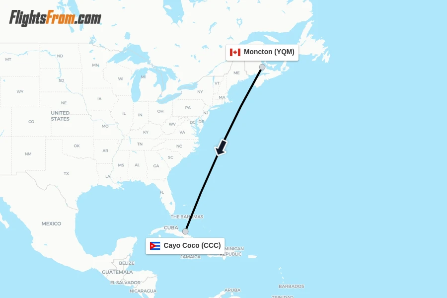 Flights from Moncton to Cayo Coco route map