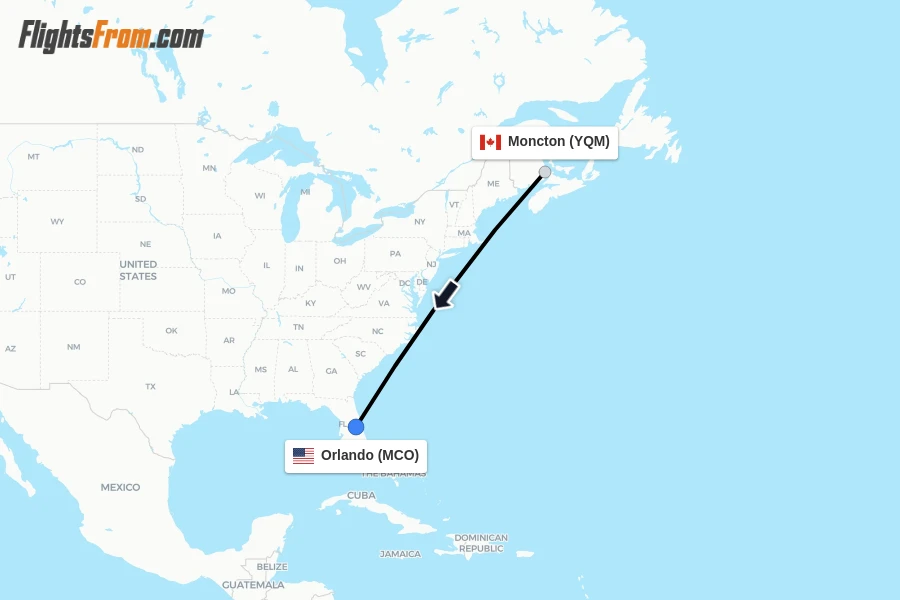 Flights from Moncton to Orlando route map