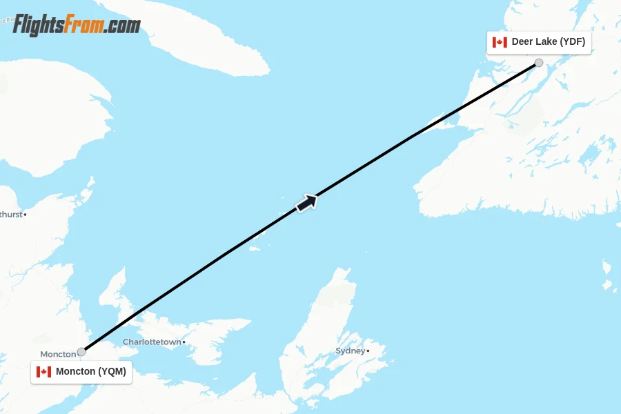 Flights from Moncton to Deer Lake route map