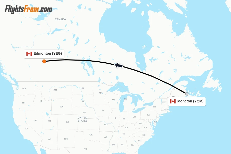 Flights from Moncton to Edmonton route map