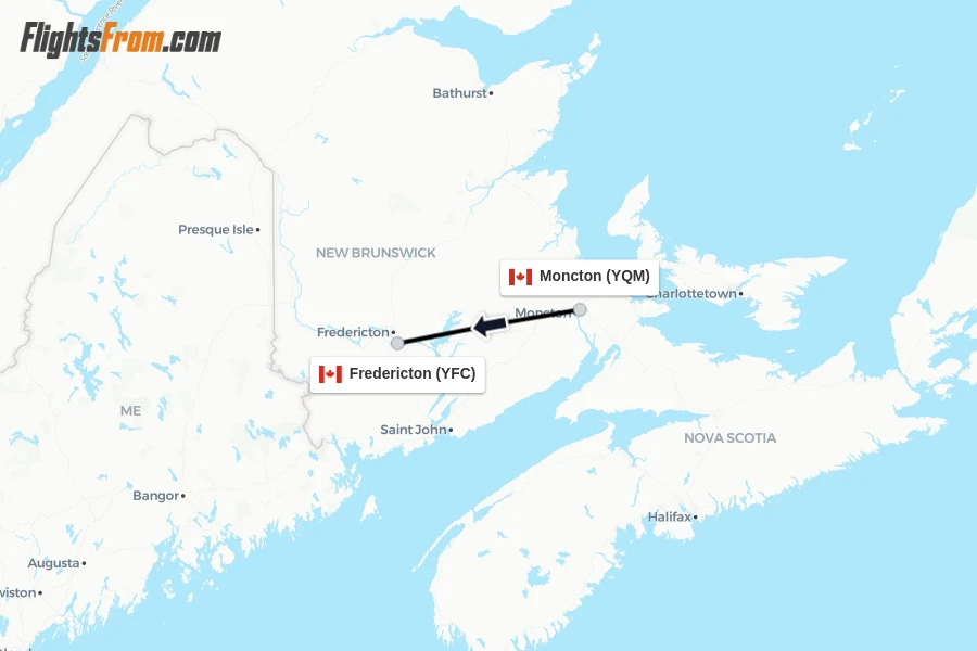 Flights from Moncton to Fredericton route map