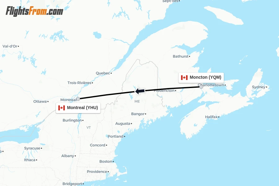 Flights from Moncton to Montreal route map